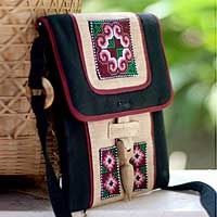 Hemp shoulder bag, 'Ethnic Stars' - Hill Tribe Embroidered Hemp Shoulder Bag 
