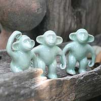 Celadon ceramic statuettes Chimps Hang Out set of 3 Thailand