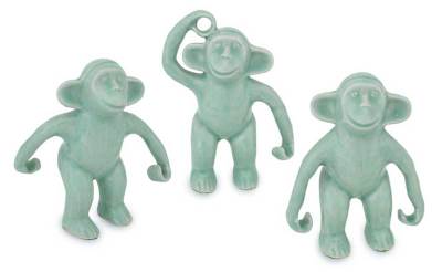 Fair Trade Celadon Ceramic Monkey Sculptures (Set of 3)