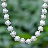 Cultured pearl and peridot strand necklace, 'Misty Sea Breath' - Thai Natural Cultured Grey Pearl and Peridot Necklace