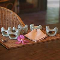 Celadon ceramic napkin rings Green Clucking Hens set of 6 Thailand
