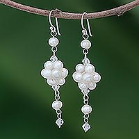 Pearl cluster earrings, 'Enchanted Bloom' - Bridal Sterling Silver and Pearl Dangle Earrings
