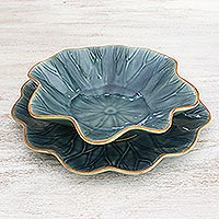 Celadon ceramic serving set Lotus Invitation pair Thailand