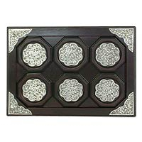 Nickel and wood tray and coasters Wild Birds set of 6 Thailand
