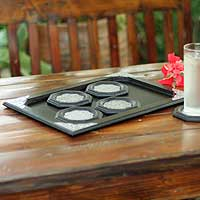 Nickel and wood tray and coasters Wilderness set of 6 Thailand