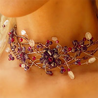 Amethyst and rose quartz collar necklace Three Lilac Blossoms Thailand