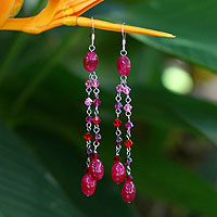 Garnet dangle earrings, 'Rose Shower' - Fair Trade Beaded Garnet and Quartz Earrings