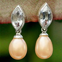 Pearl and topaz dangle earrings, 'Marquise' - Pearl and Blue Topaz Dangle Earrings