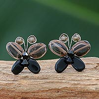 Quartz button earrings Dark Exotic Butterfly Thailand