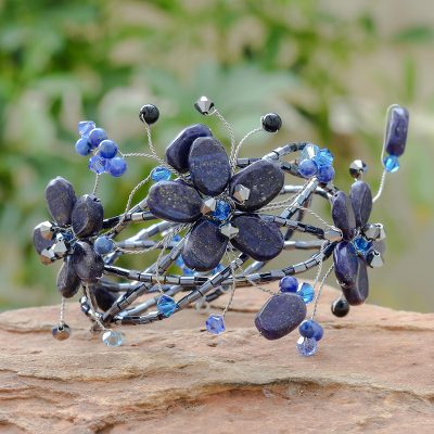 Lapis lazuli wrap bracelet, 'Garden' - Thai Floral Beaded Lapis Lazuli Bracelet