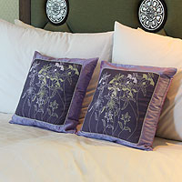 Silk and cotton cushion covers Violet Herbs pair Thailand