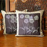 Silk and cotton cushion covers Quiet Dandelions pair Thailand