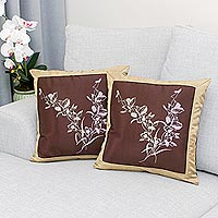 Silk and cotton cushion covers Wild Orchids pair Thailand