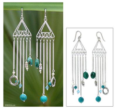 Cultured pearl and chrysocolla chandelier earrings, Trapeze