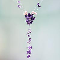 Amethyst and pearl flower necklace Fantasy Thailand