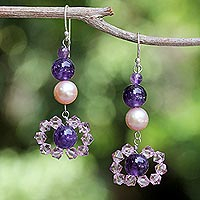 Pearl and amethyst dangle earrings Oriental Bloom Thailand