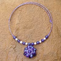 Pearl and amethyst flower necklace Oriental Bloom Thailand