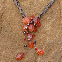 Pearl and carnelian flower necklace Flower of Siam Thailand
