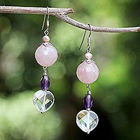 Pearl and rose quartz dangle earrings Mystical Romance Thailand
