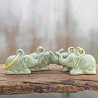 Celadon ceramic ornaments Green Holiday Elephants set of 4 Thailand
