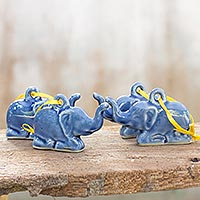Celadon ceramic ornaments, 'Blue Holiday Elephants' (set of 4) - Celadon ceramic ornaments (Set of 4)