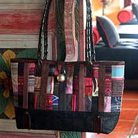 Leather and cotton shoulder bag Indigo Collage Thailand