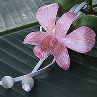 Natural orchid leather long flower necklace Exotic Strawberry Bloom Thailand