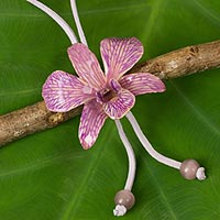Natural orchid leather long flower necklace Exotic Purple Bloom Thailand