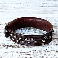 Leather wristband bracelet, 'Mountain Rock' - Leather wristband bracelet