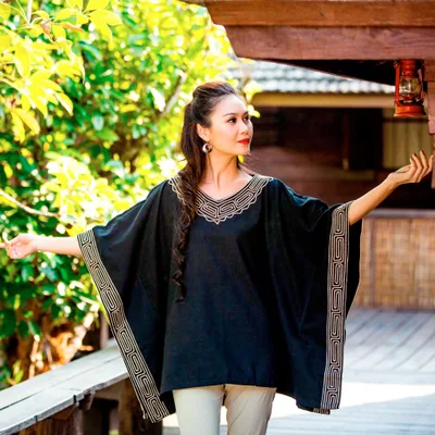 Cotton blouse, 'Flowing Nature in Black' - Cotton blouse