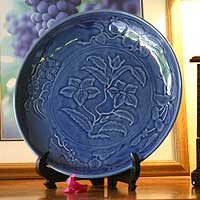 Celadon ceramic plate Blue Lily Thailand