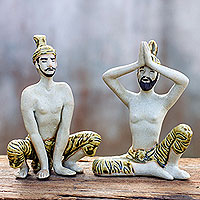 Celadon ceramic statuettes Practicing Yoga pair Thailand