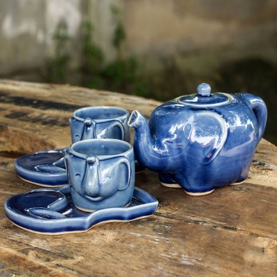Celadon tea set, Blue Elephant (set for 2)