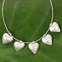 Silver pendant necklace, 'Family of Five' - Heart Shaped 950 Silver Pendant Necklace