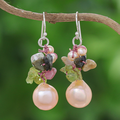 Pearl and peridot cluster earrings, Rosy Dawn