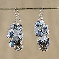 Pearl and smoky quartz cluster earrings Night Song Thailand