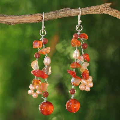 Pearl and carnelian clusters earrings, Sun Dancer