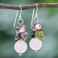 Pearl and rose quartz cluster earrings, 'Petal Romance' - Rose Quartz and Pearl Cluster Earrings