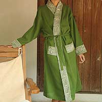 Cotton robe, 'Forest Labyrinth' - Green Cotton Robe