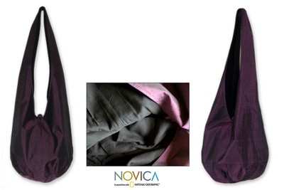 Silk and cotton shoulder bag, 'Hill Tribe Plum Chic' - Silk and cotton shoulder bag