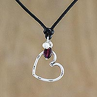 Pearl and leather choker, 'Sweet Love' - Garnet and Silver Heart Pendant Necklace