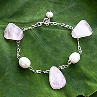 Pearl and rose quartz dangling bracelet, 'Quiet Sigh' - Rose Quartz and Pearl Bracelet