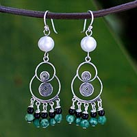 Pearl and malachite chandelier earrings, 'Filigree Falls' - Pearl and malachite chandelier earrings