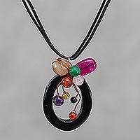 Leather and onyx pendant necklace- ’Lush Cosmos’ (Thailand) Leather and onyx pendant necklace- ’Lush Cosmos’ (Thailand)