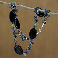Onyx and amethyst beaded necklace, 'Magical Enchantment' - Unique Onyx and Amethyst Beaded Necklace