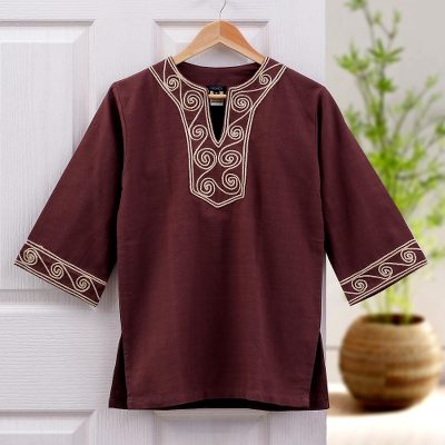 Cotton blouse, 'Cosmopolitan Earth' - Artisan Crafted Cotton Tunic
