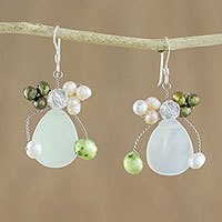 Pearl and prehnite cluster earrings,