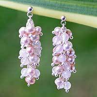 Pearl and rose quartz cluster earrings,