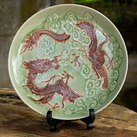 Celadon ceramic plate, 'Dragon Journeys' - Celadon Ceramic Decorative Plate