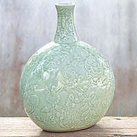 Celadon ceramic vase Exotic Flora Thailand